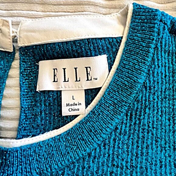 Women's Y2K Sparkling Teal Blue & Ivory tunic hi/low sweater shirt combo - Large - Picture 5 of 5